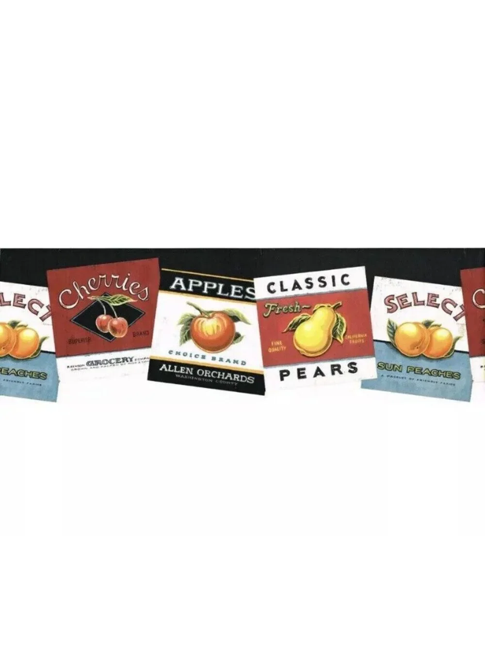 York Fruit Crate Label Wallpaper Border Apple Peach Cherry Pear Country Vintage